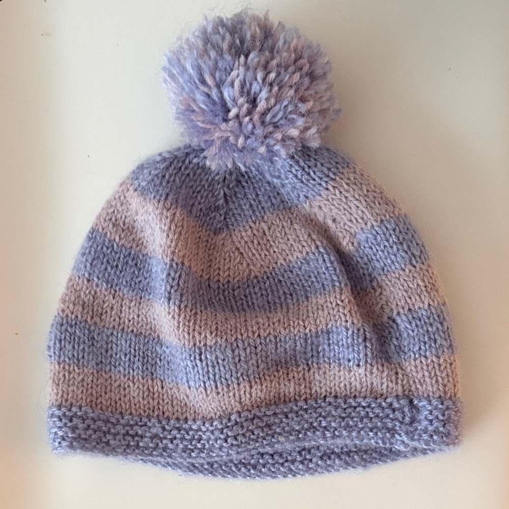 ADORABLE Striped Purple Pink Kids Pom-Pom Knitted WOOL Beanie HANDMADE 4 years